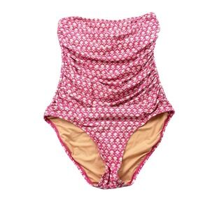 J.Crew Strapless One Piece Swimsuit Pink White Print Ruched Women 8